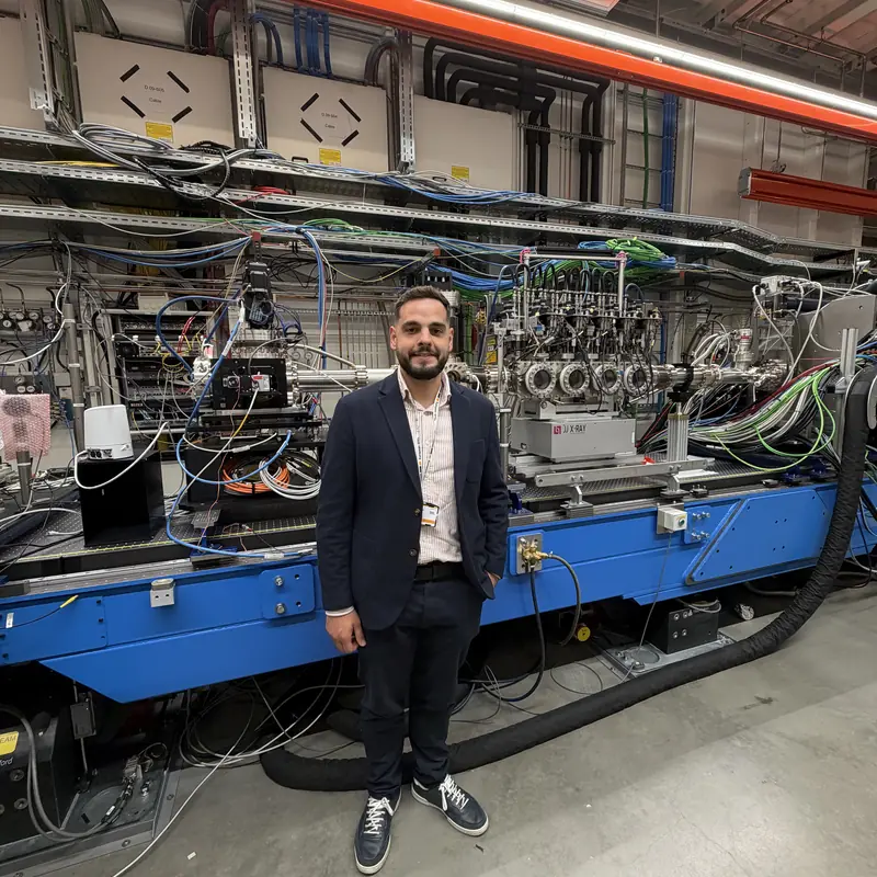 Jorge Segado delante de una línea experimental de rayos X y vacío