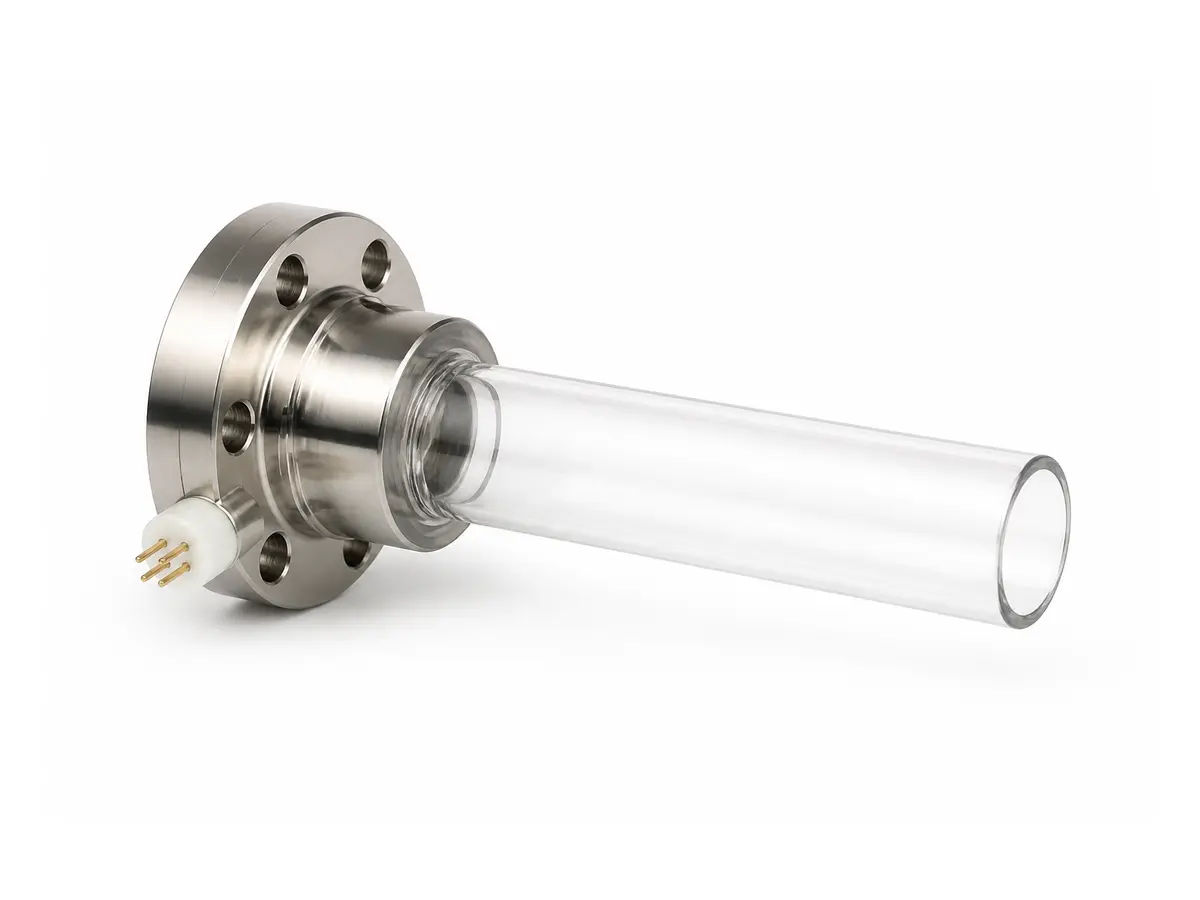 Representación de un sello tubular vidrio-metal para vacío